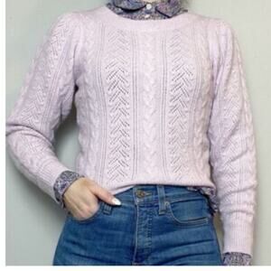 J Crew Sz L Cable Knit Sweater Lilac Alpaca Cottage Preppy Cozy Feminine Soft